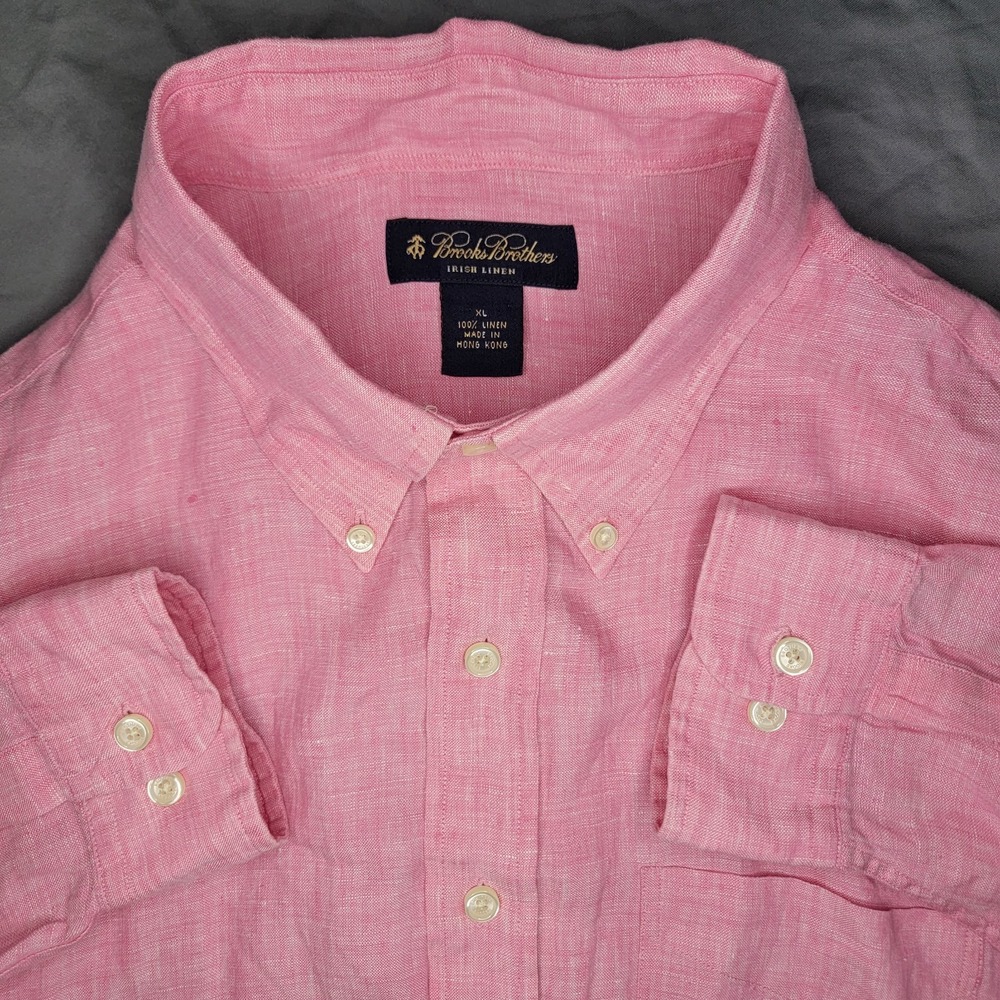 Brooks Brothers Irish Linen Button Down Long Sleeve Shirt Men's Large Pink LW